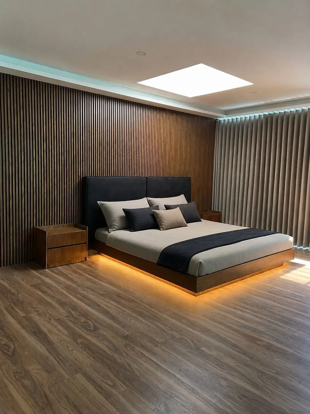 Recámara con cama flotante e iluminación LED