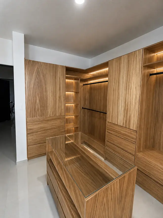 Vestidor con isla central en madera y cristal