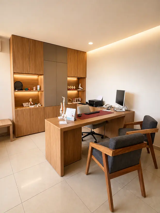 Consultorio con mueble de almacenaje en madera